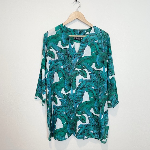 Kiki Sol Tropical Palm Leaf Cotton Lightweight Coverup Tunic Top Size M - Picture 1 of 6